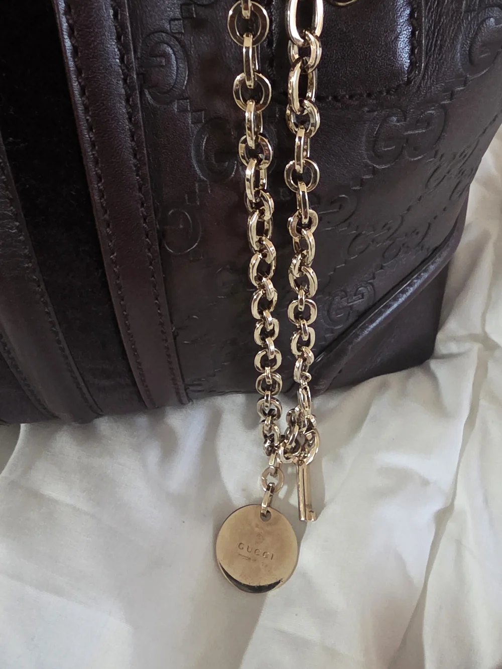 Gucci Dark Brown Embossed Leather Satchel with Gold Chain Detail